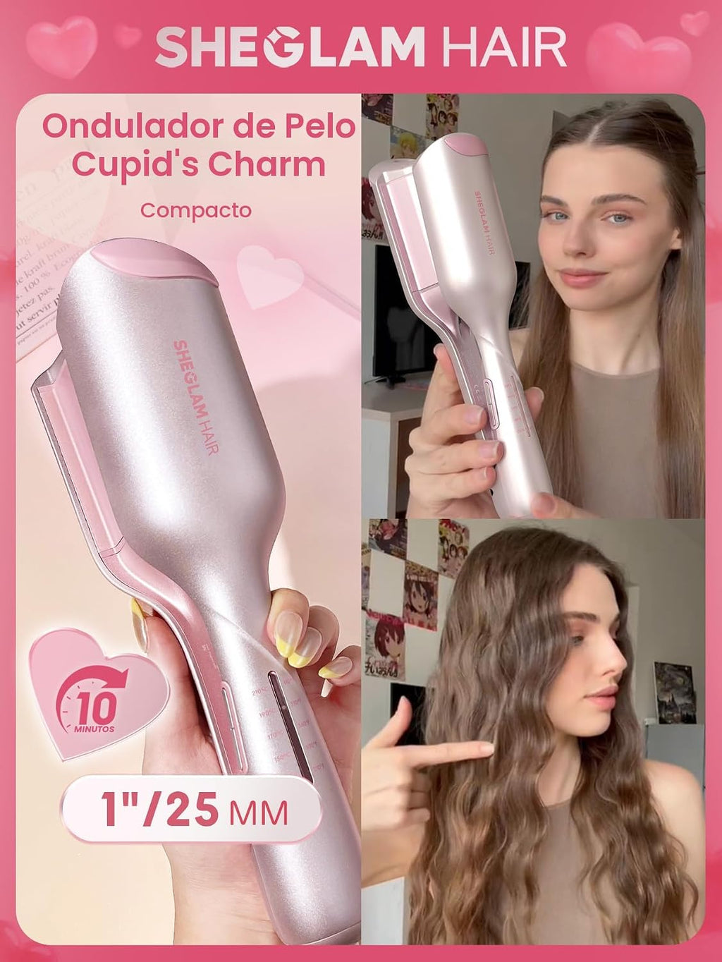 SHEGLAM - Ondulador de cabello ondulado de playa (rosa, 1 pulgada)