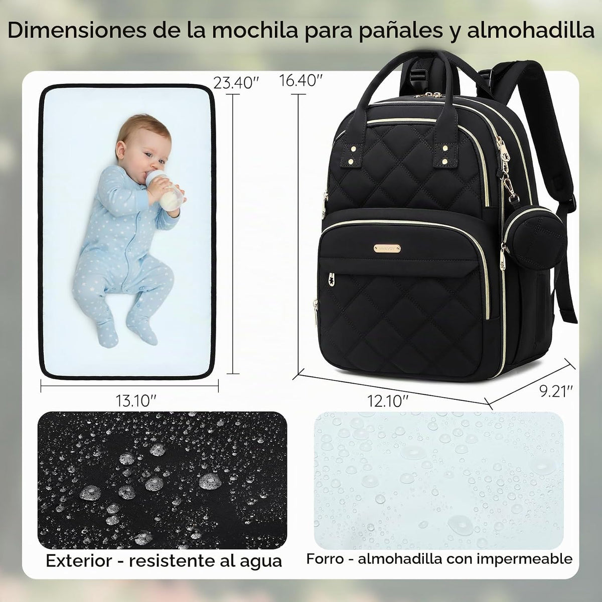 ViveVoy Mochila grande para pañales con cambiador y funda para chup...