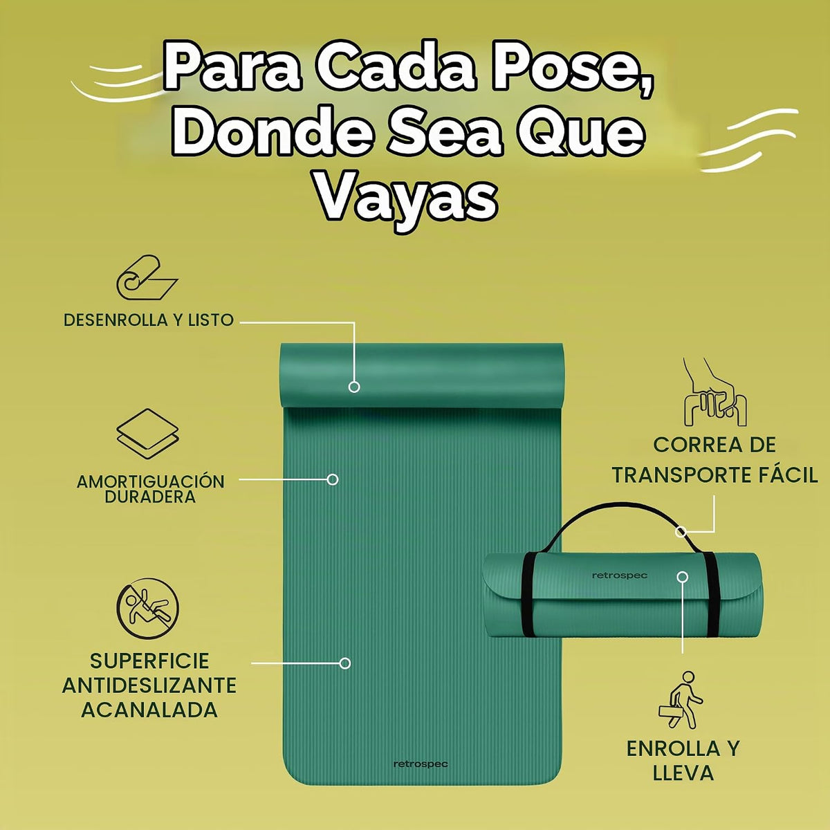 Retrospec Solana - Tapete de yoga grueso de 1\/2 pulgada antidesliz...