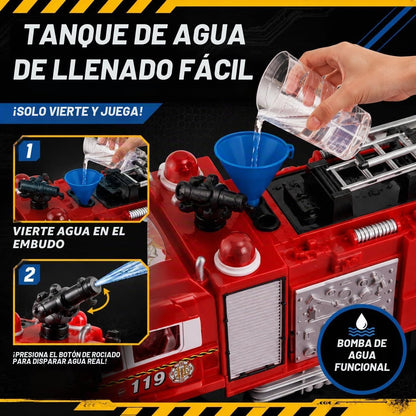 Camión de bomberos a control remoto de rescate RC que dispara agua...