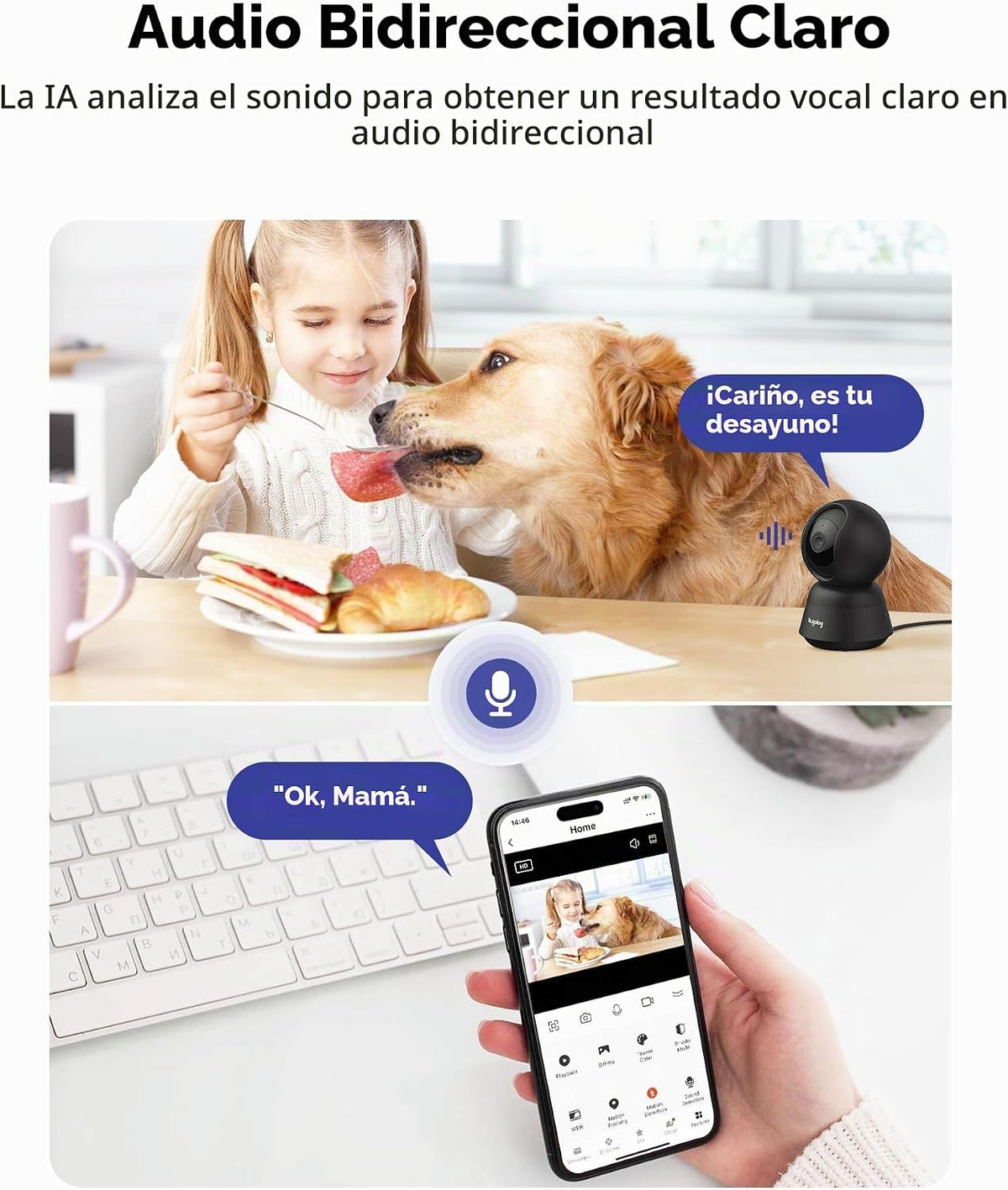Hugolog - Cámara de seguridad interior Pan\/Tilt de 2K 3MP con enfo...
