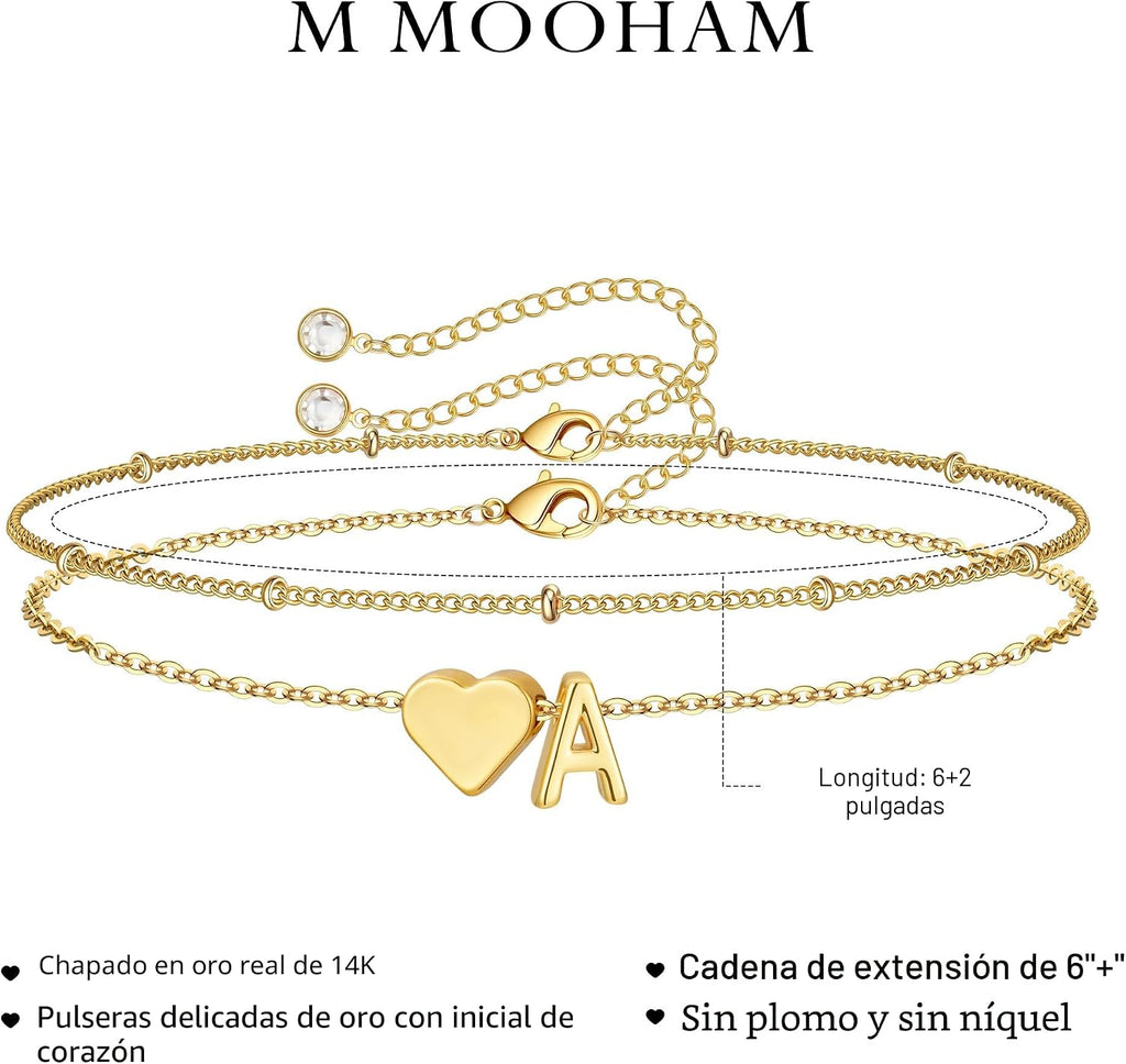 M MOOHAM Pulseras de oro con inicial de corazón para mujer, pulsera...