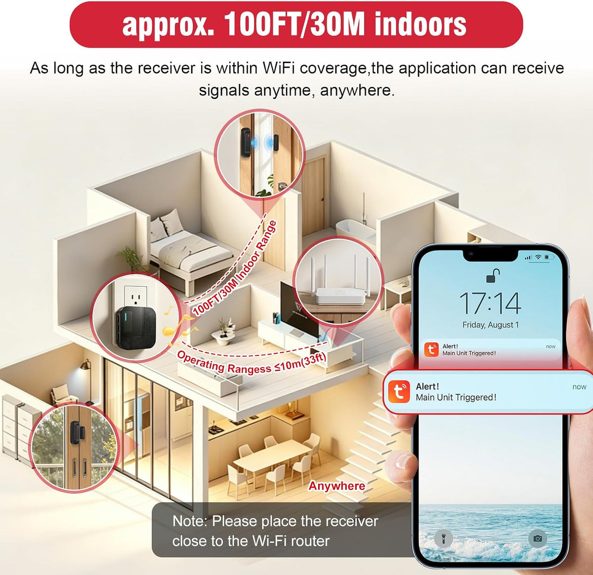SanJie Timbre de puerta WiFi, sensor de alarma de puerta con notifi...