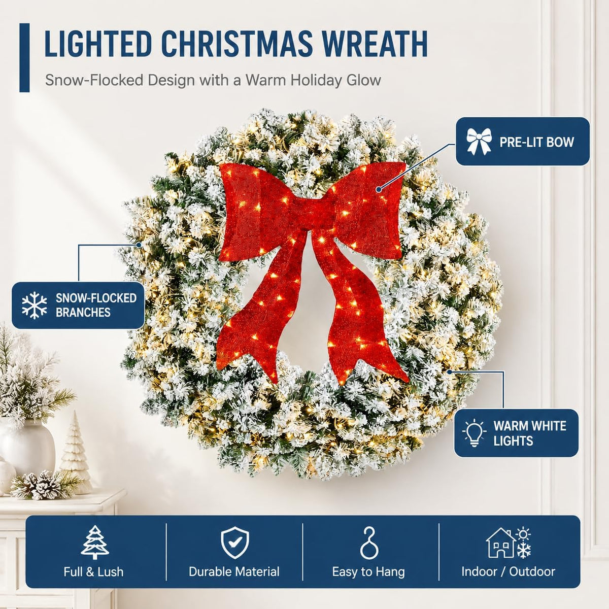 Aptliton Corona de Navidad preiluminada de 48 pulgadas con lazo | C...