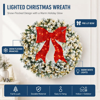 Aptliton Corona de Navidad preiluminada de 48 pulgadas con lazo | C...