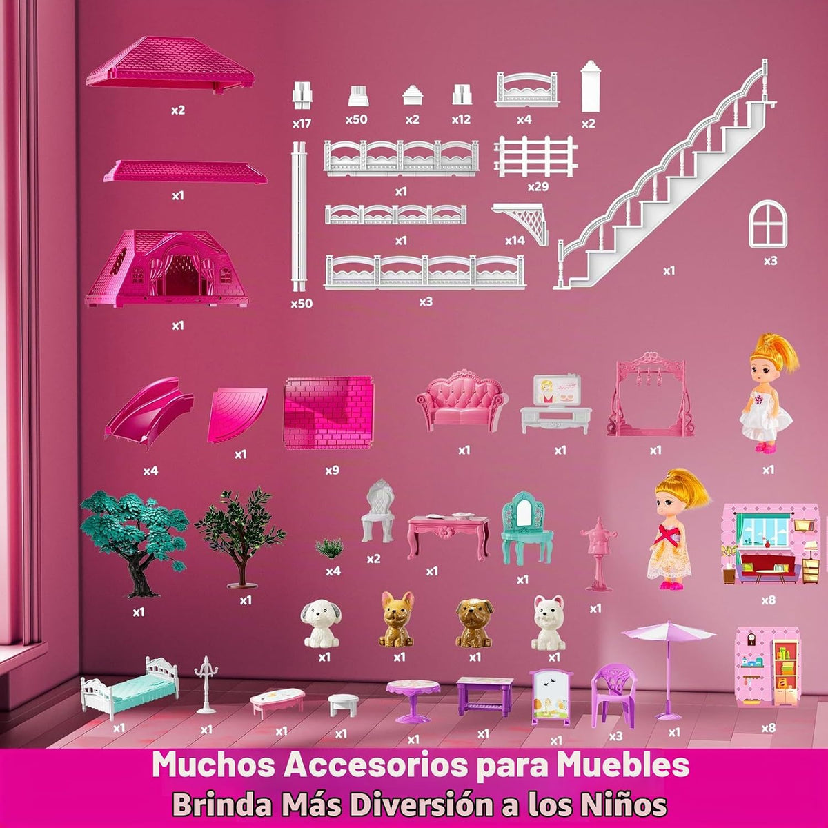 JUKUDAHU Juego de villa para niñas de 3 a 7 años, 3 pisos, 8 habita...