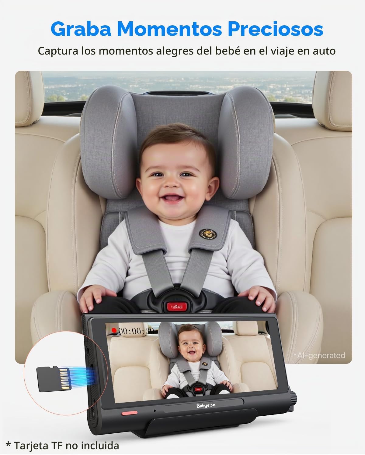 Cámara para coche de bebé Babyvue BV7 con Carplay, pantalla dividid...