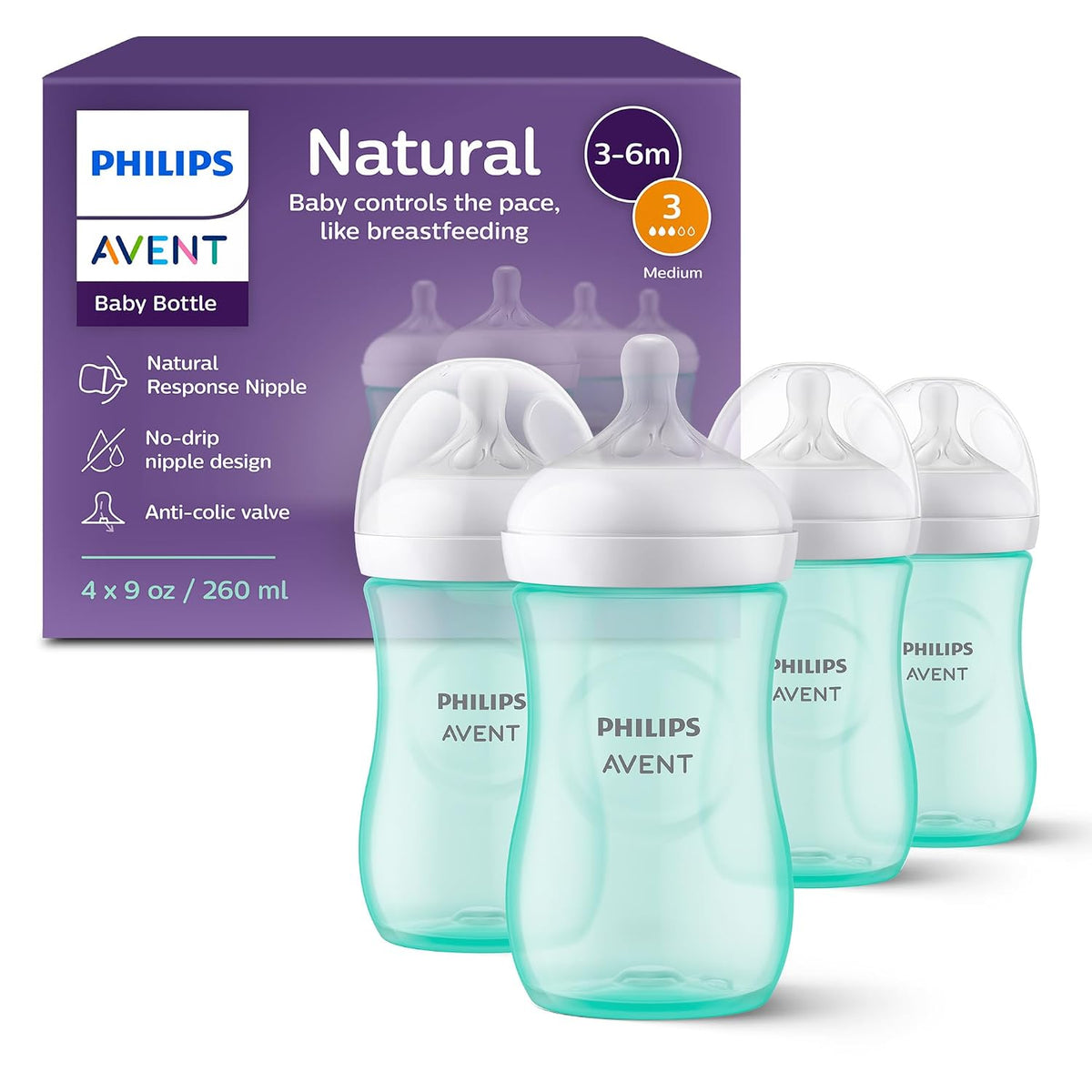 Philips Avent Biberones naturales, flujo medio, 9 onzas, sin BPA, p...