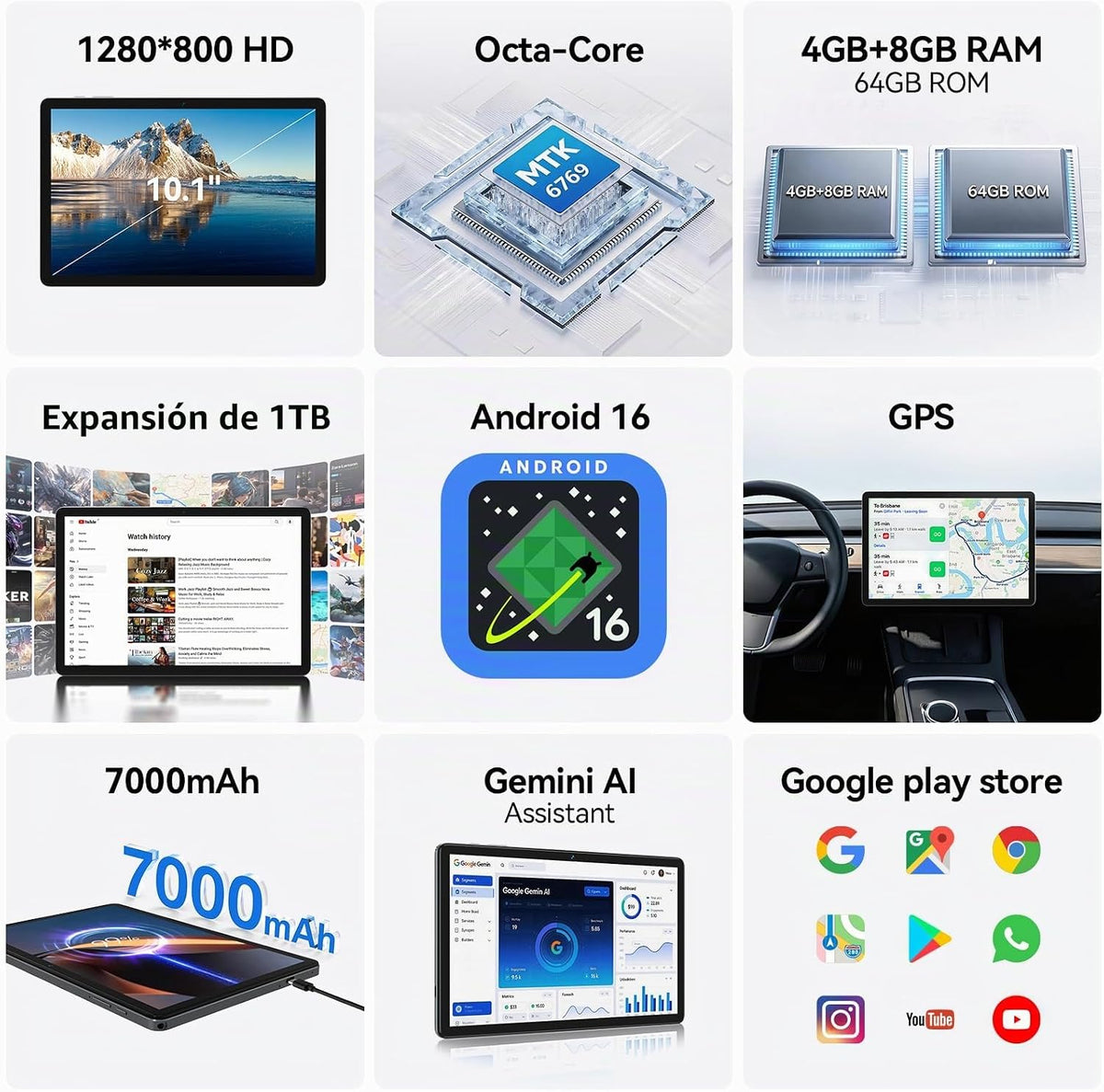 Tableta Android 16 mejorada 2026 con Gemini AI, tabletas de 10.1 pu...
