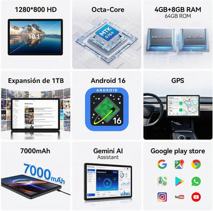 Tableta Android 16 mejorada 2026 con Gemini AI, tabletas de 10.1 pu...