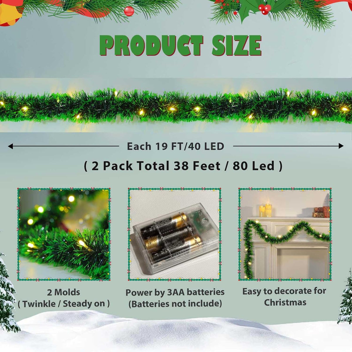Paquete de 2 guirnaldas de Navidad con luces, total de 38 pies, 80...