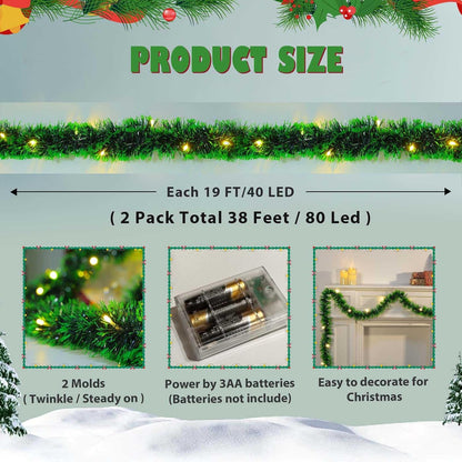 Paquete de 2 guirnaldas de Navidad con luces, total de 38 pies, 80...