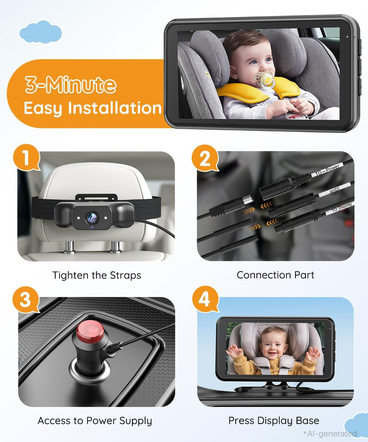Babyvue BC1 - Cámara de coche para bebé, monitor 1080P de 4.5 pulga...
