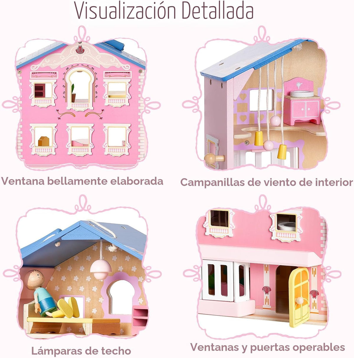 Exquisita casa de muñecas de madera rosa para niñas con muñecas y m...