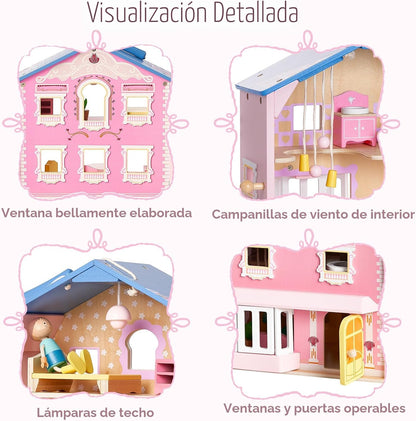 Exquisita casa de muñecas de madera rosa para niñas con muñecas y m...
