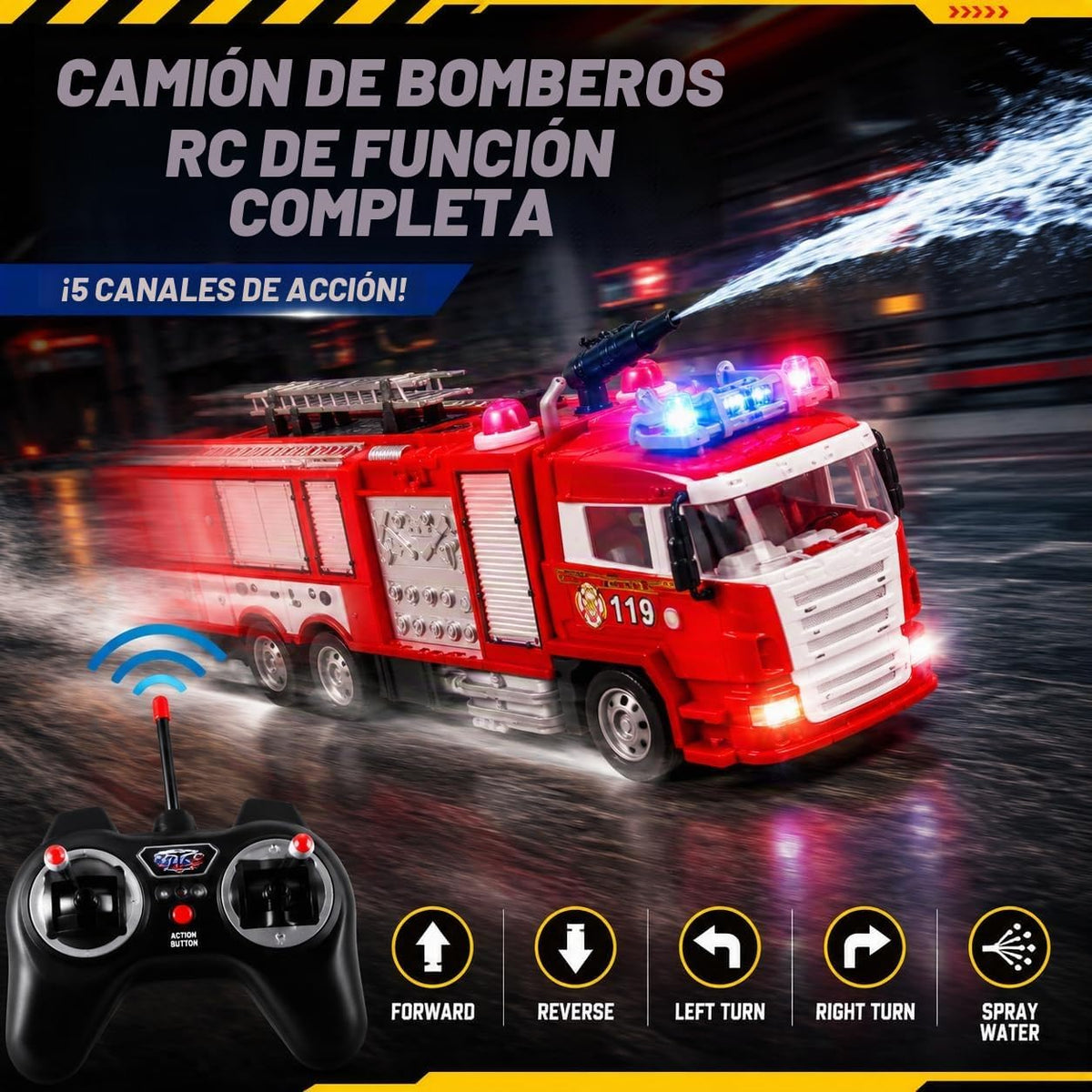 Camión de bomberos a control remoto de rescate RC que dispara agua...