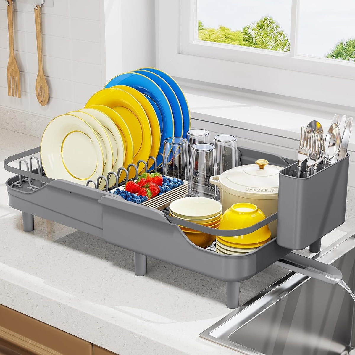 Urackify Escurridor de platos expandible para encimera de cocina pe...