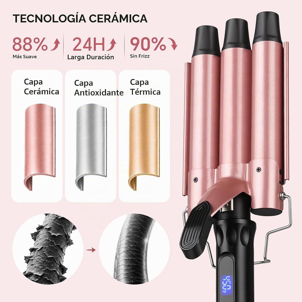 Rizador de 3 barriles, herramienta de crimpadora de cabello de 1 pu...