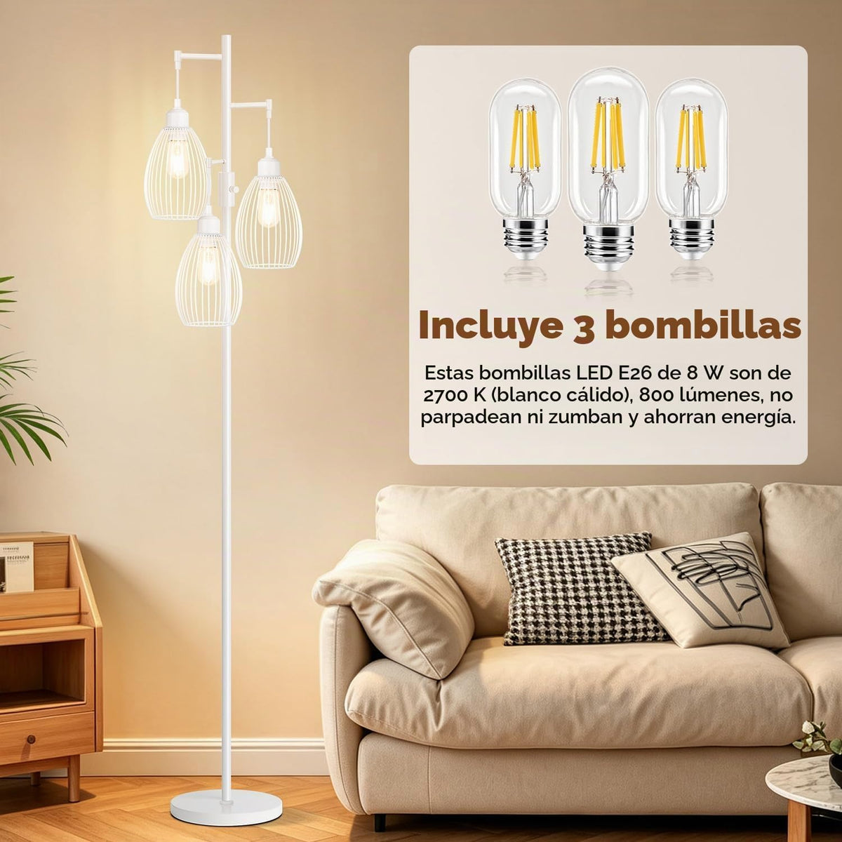Lámpara de pie regulable, 3 bombillas LED Edison de 800LM incluidas...