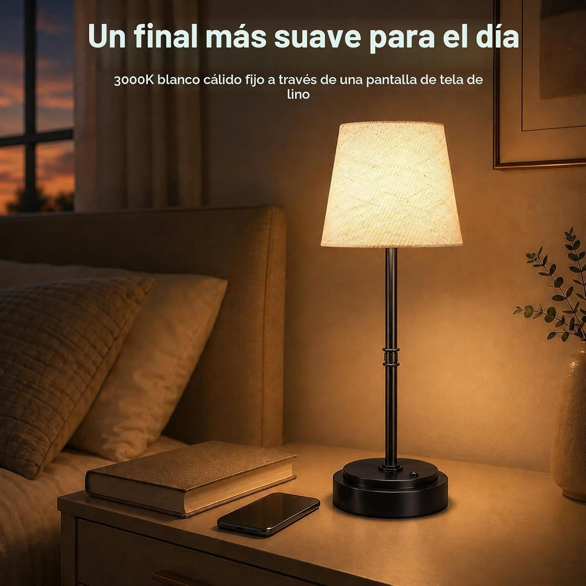 Lámpara de mesa inalámbrica recargable, funciona con pilas, color n...
