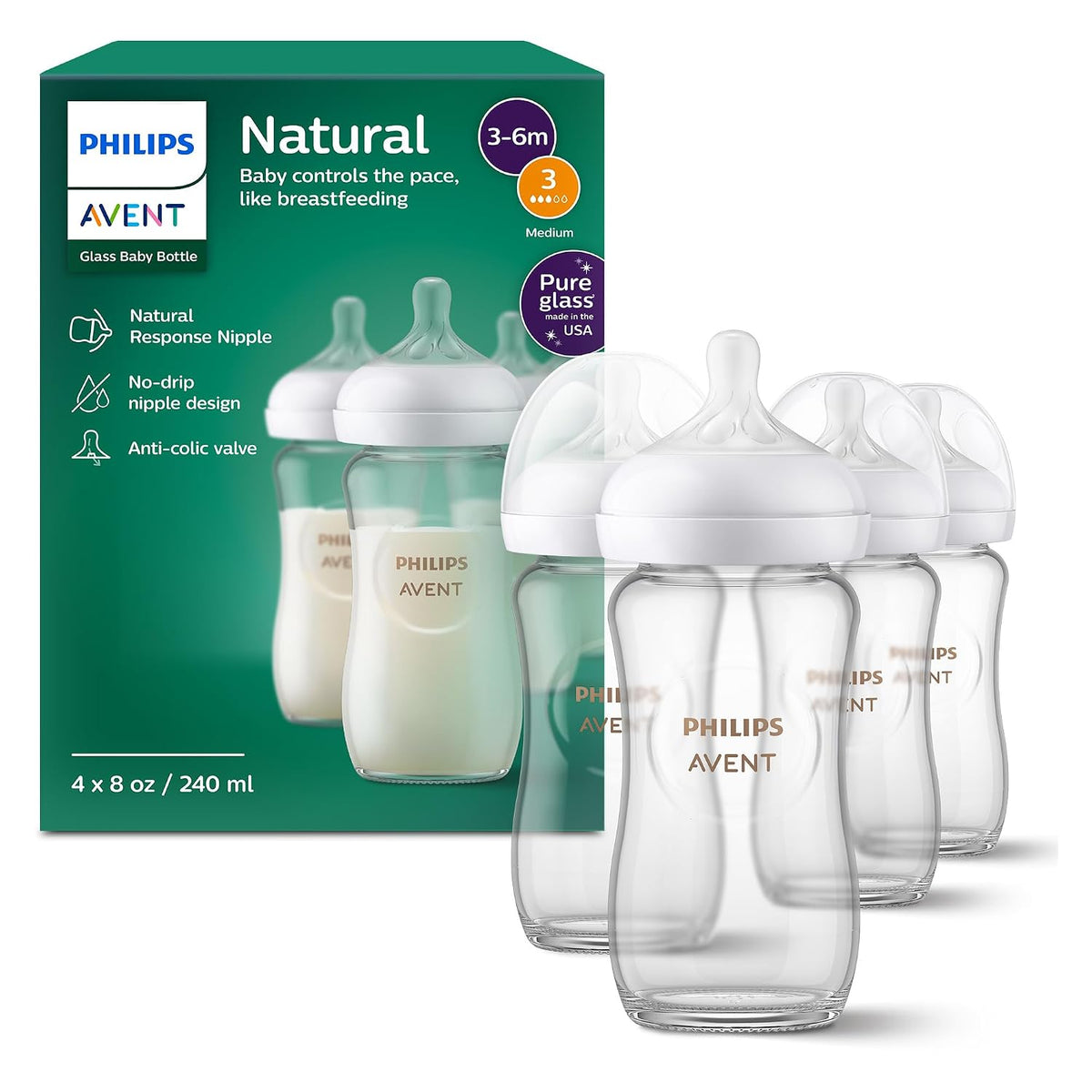 Philips Avent Biberones de vidrio natural, flujo medio, 8 onzas, si...