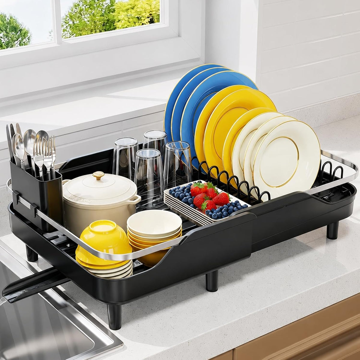 Urackify Escurridor extensible para encimera de cocina, 16.2-23.7 p...