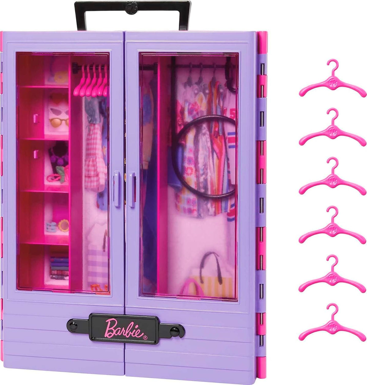 Barbie Armario con 6 hangares, accesorios con puertas translúcidas,...