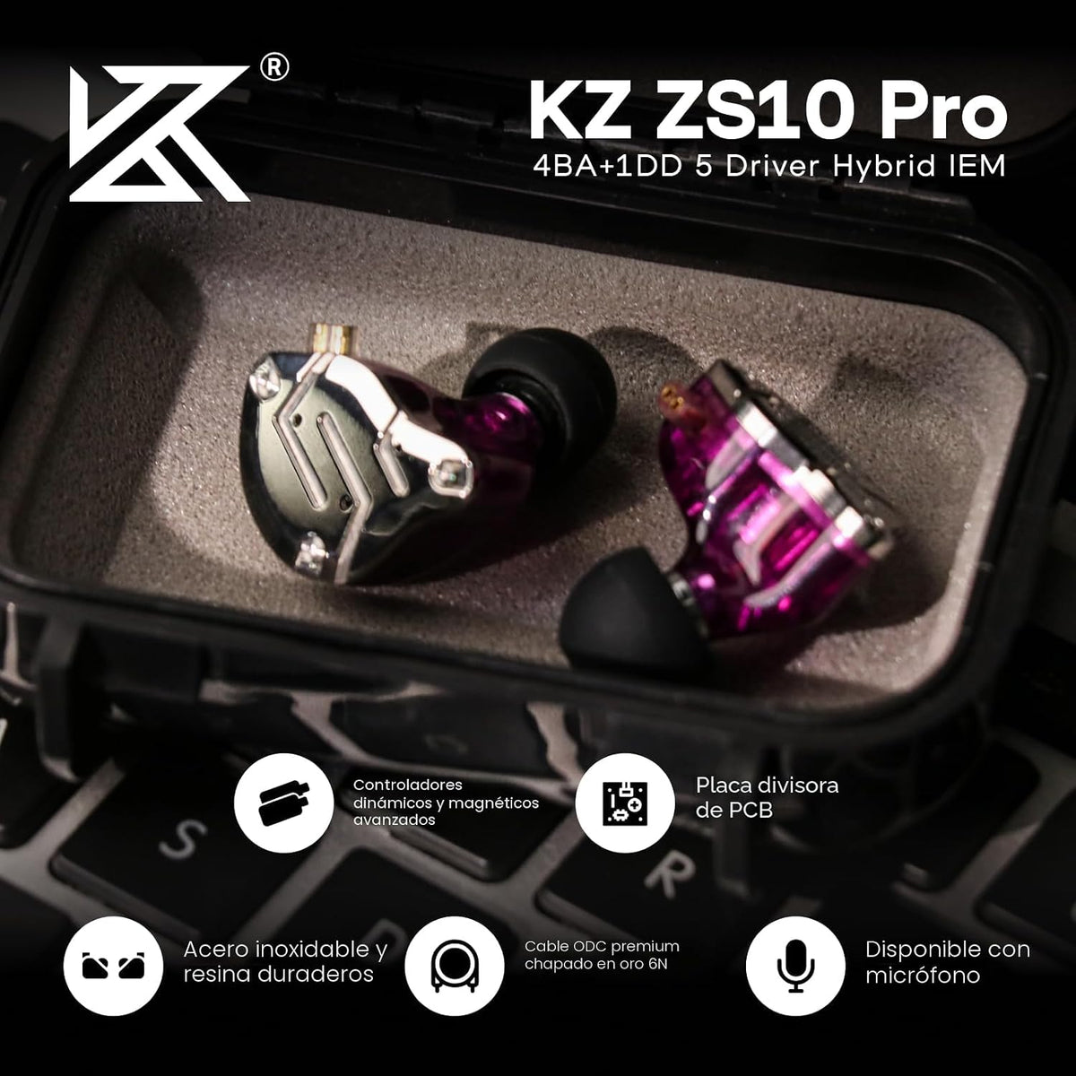 Linsoul KZ ZS10 Pro, 4BA+1DD, 5 controladores en auriculares intrau...