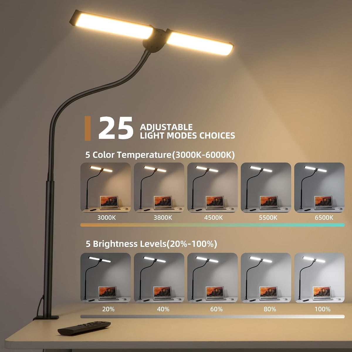 Motumen Lámpara de escritorio LED para oficina en casa, abrazadera...