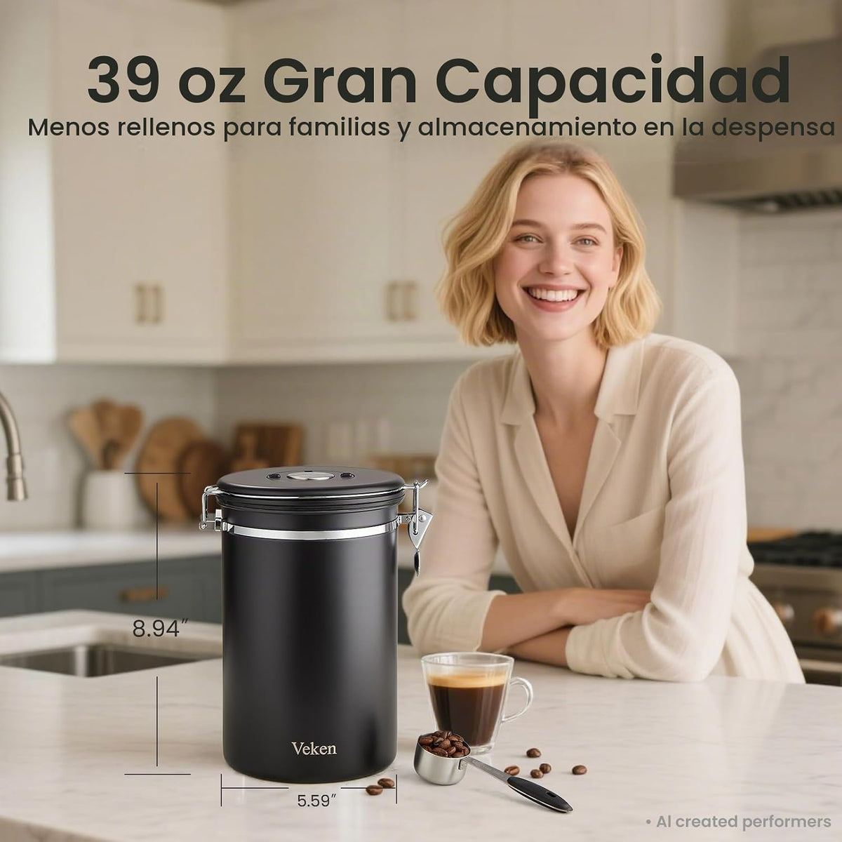 Recipiente de café Veken, 39 oz, 2,2 libras, recipiente hermético g...