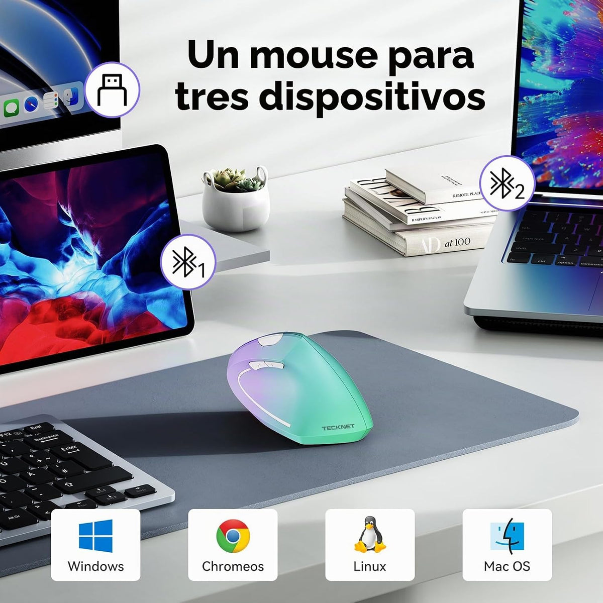 TECKNET Ratón ergonómico, 4800 DPI inalámbrico Bluetooth vertical,...