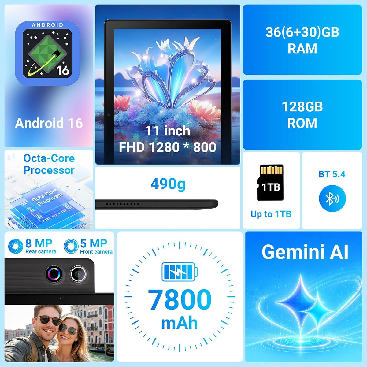 URAO Tableta, Tableta Android 16 de 11" Octa-core 36GB+128GB Gemini...