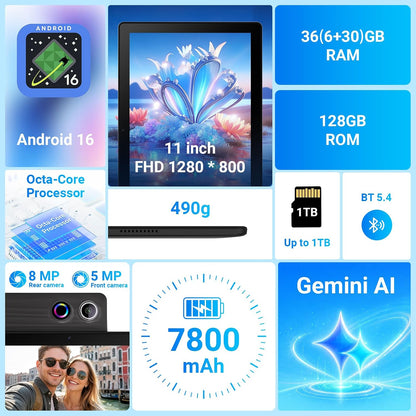 URAO Tableta, Tableta Android 16 de 11" Octa-core 36GB+128GB Gemini...