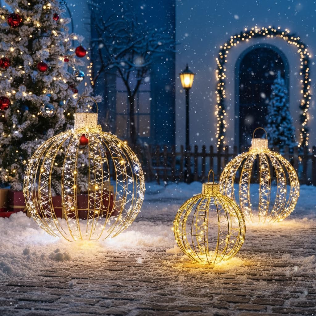 Tangkula - Paquete de 3 bolas de Navidad con luz LED, adornos de me...