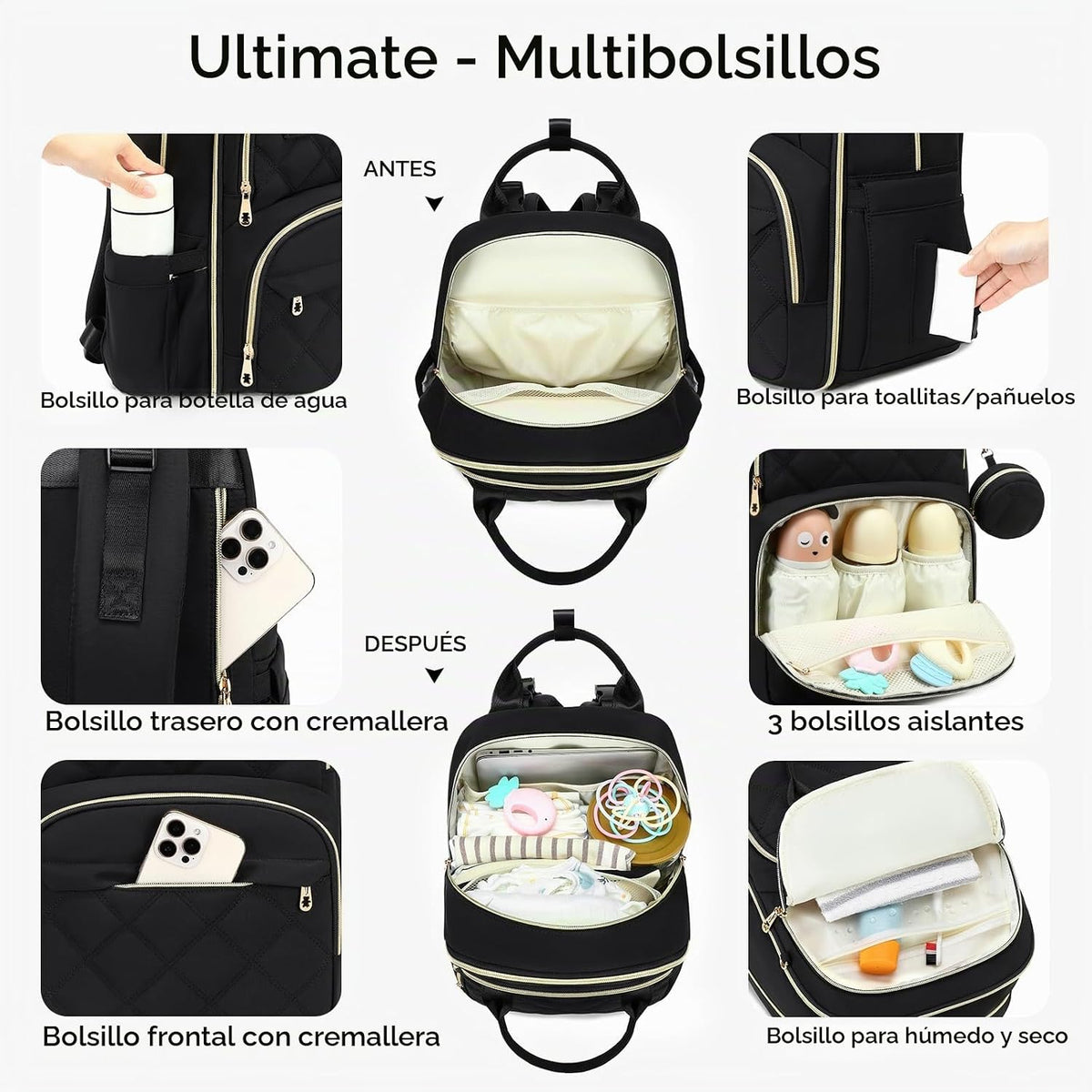 ViveVoy Mochila grande para pañales con cambiador y estuche para ch...