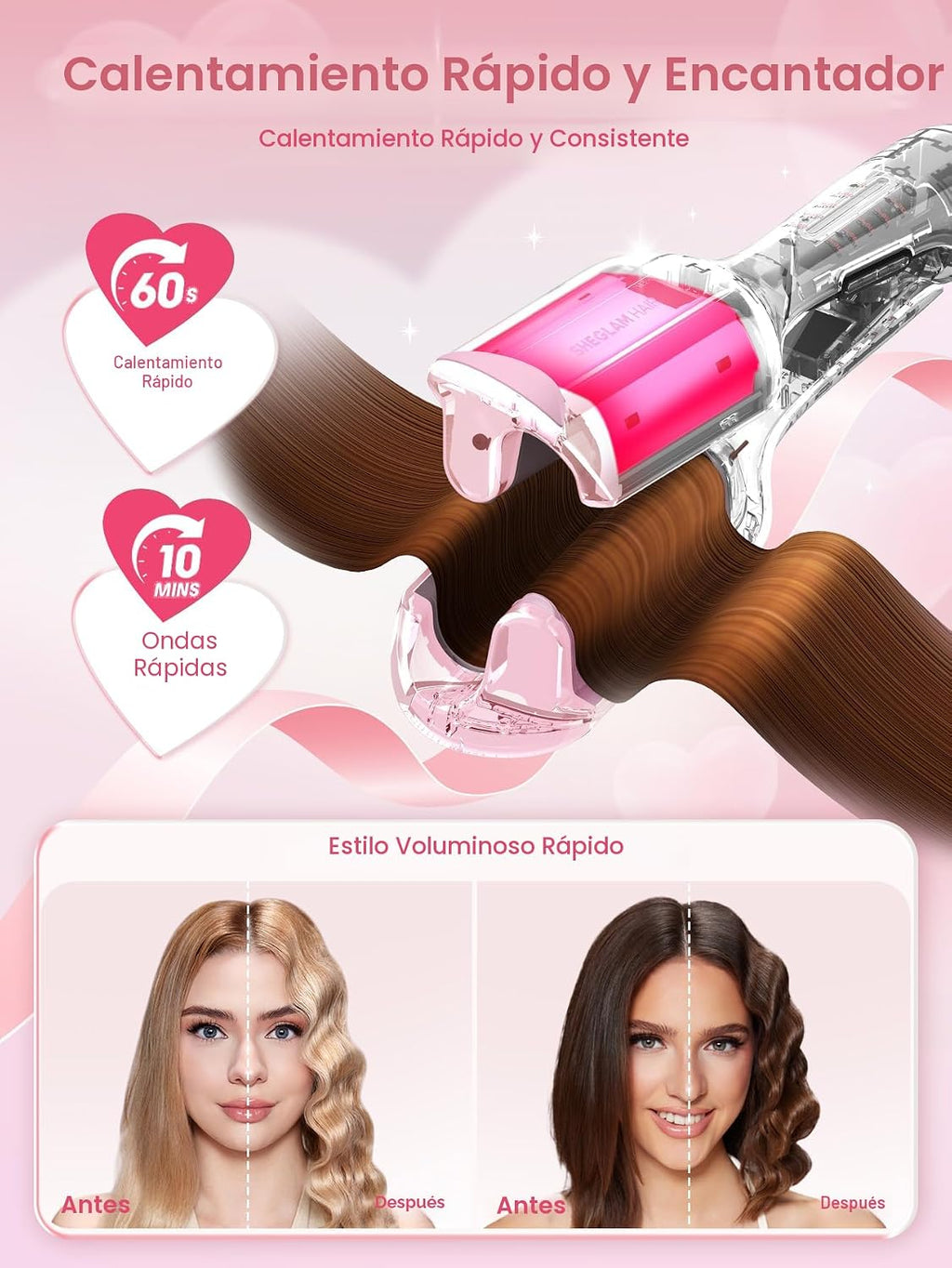SHEGLAM - Ondulador de cabello ondulado de playa (rosa, 1 pulgada)