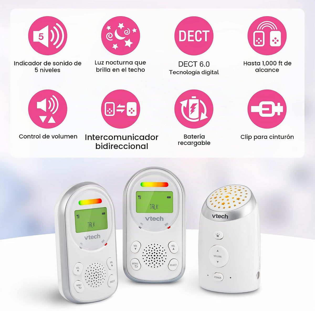 VTech Monitor de audio digital para bebés con 2 unidades para padre...