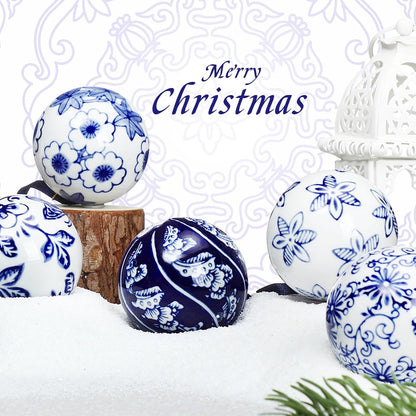Cindeer - 6 bolas de porcelana de Navidad azules y blancas, estilo...