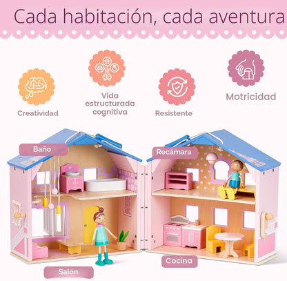 Exquisita casa de muñecas de madera rosa para niñas con muñecas y m...