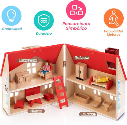 WOODMAM Casa de muñecas plegable de madera con muebles para juegos...