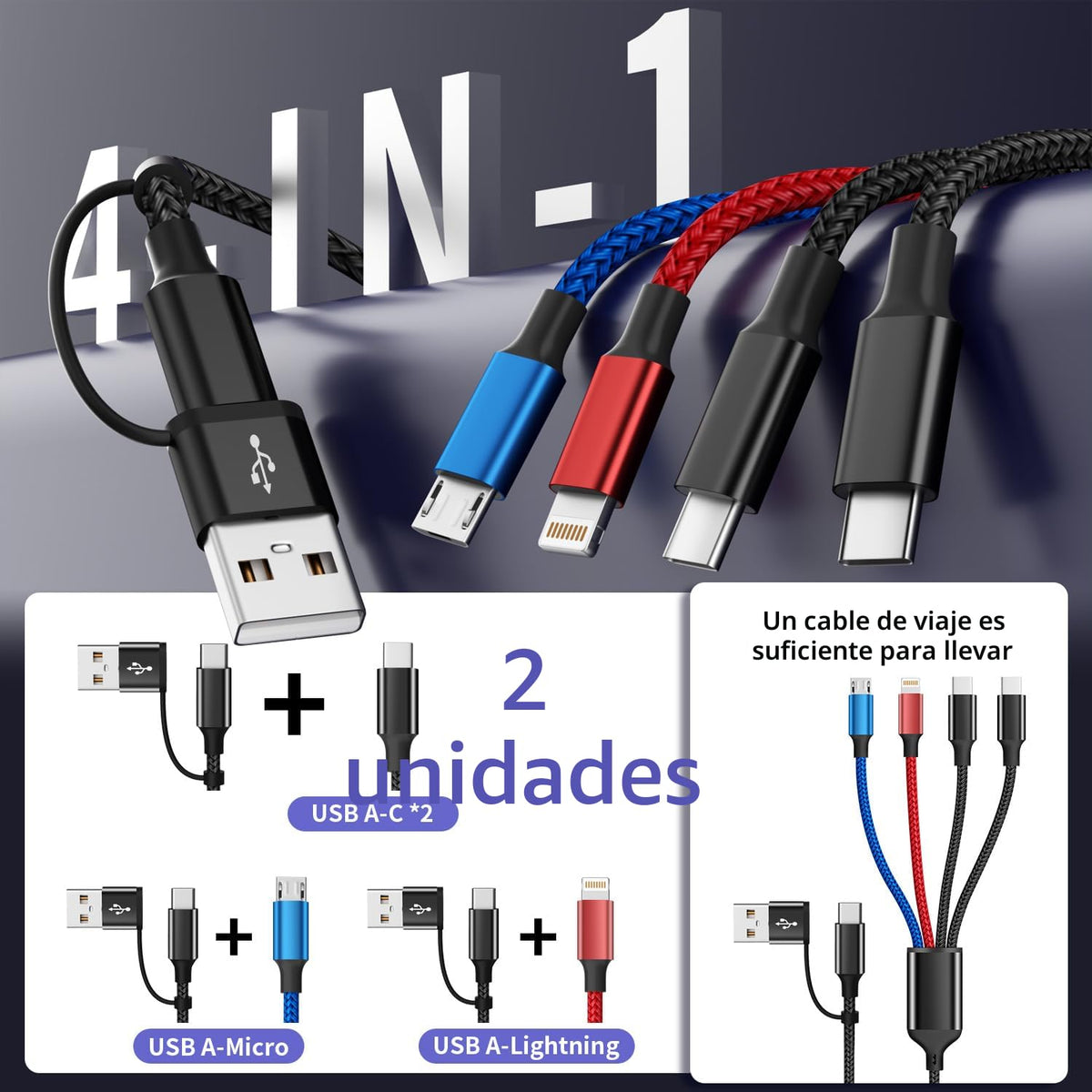 Cable de carga múltiple 4 en 2, cables de carga USBA\/C para múltip...