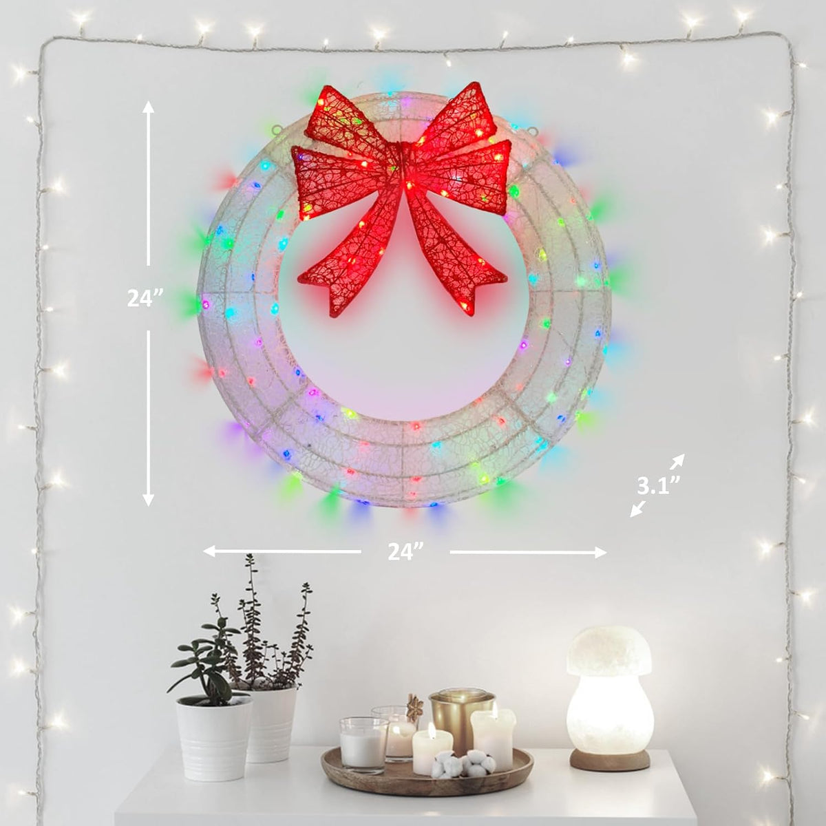 Corona iluminada de Navidad para decoración al aire libre, 24 pulga...