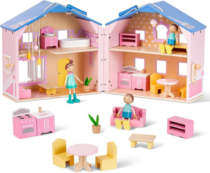 Exquisita casa de muñecas de madera rosa para niñas con muñecas y m...