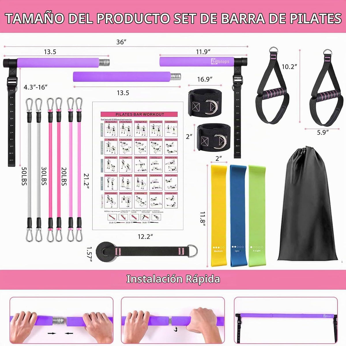 Kit de barra de pilates Bbtops con bandas de resistencia, barra de...