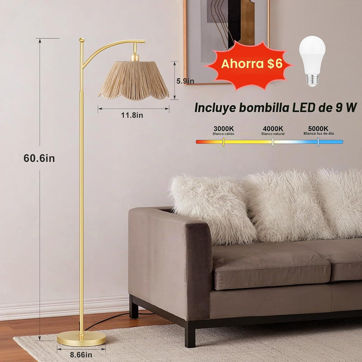 Ambimall Lámparas de pie de 60 pulgadas para sala de estar con 3 te...