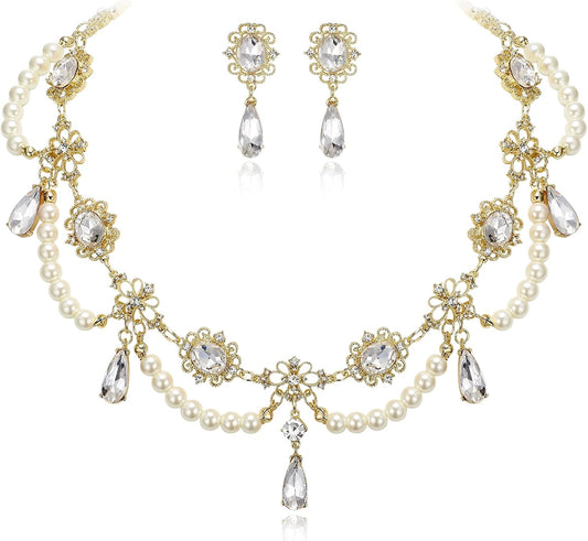 BriLove Conjunto de Collar Estilo Años 1920 de Perlas Simuladas Dis...