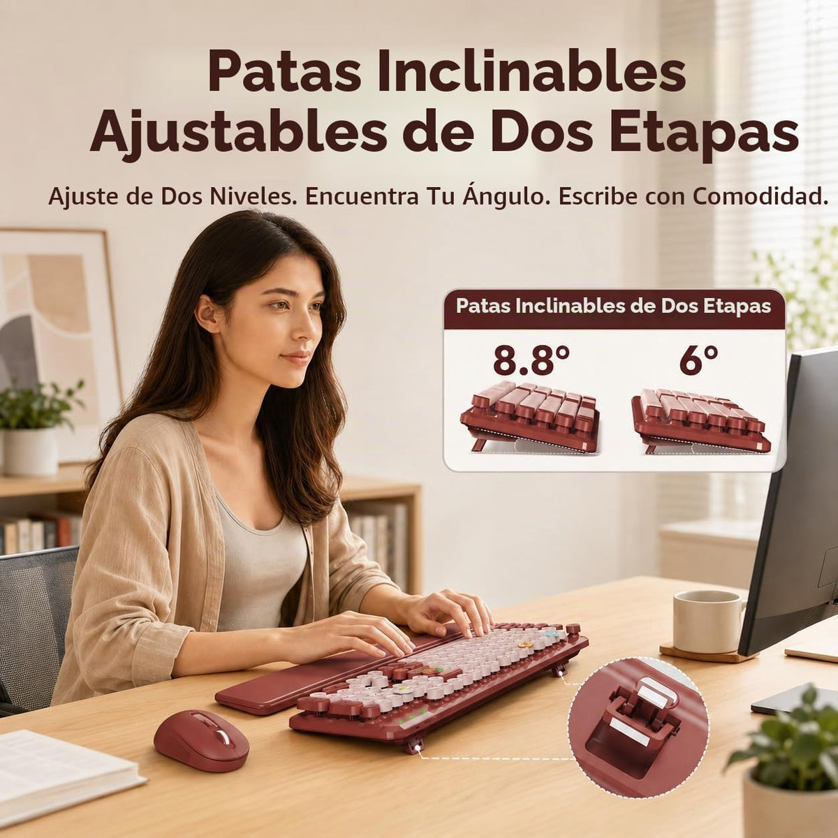 SABLUTE Combo de teclado y mouse inalámbrico, rojo burdeos, reposam...
