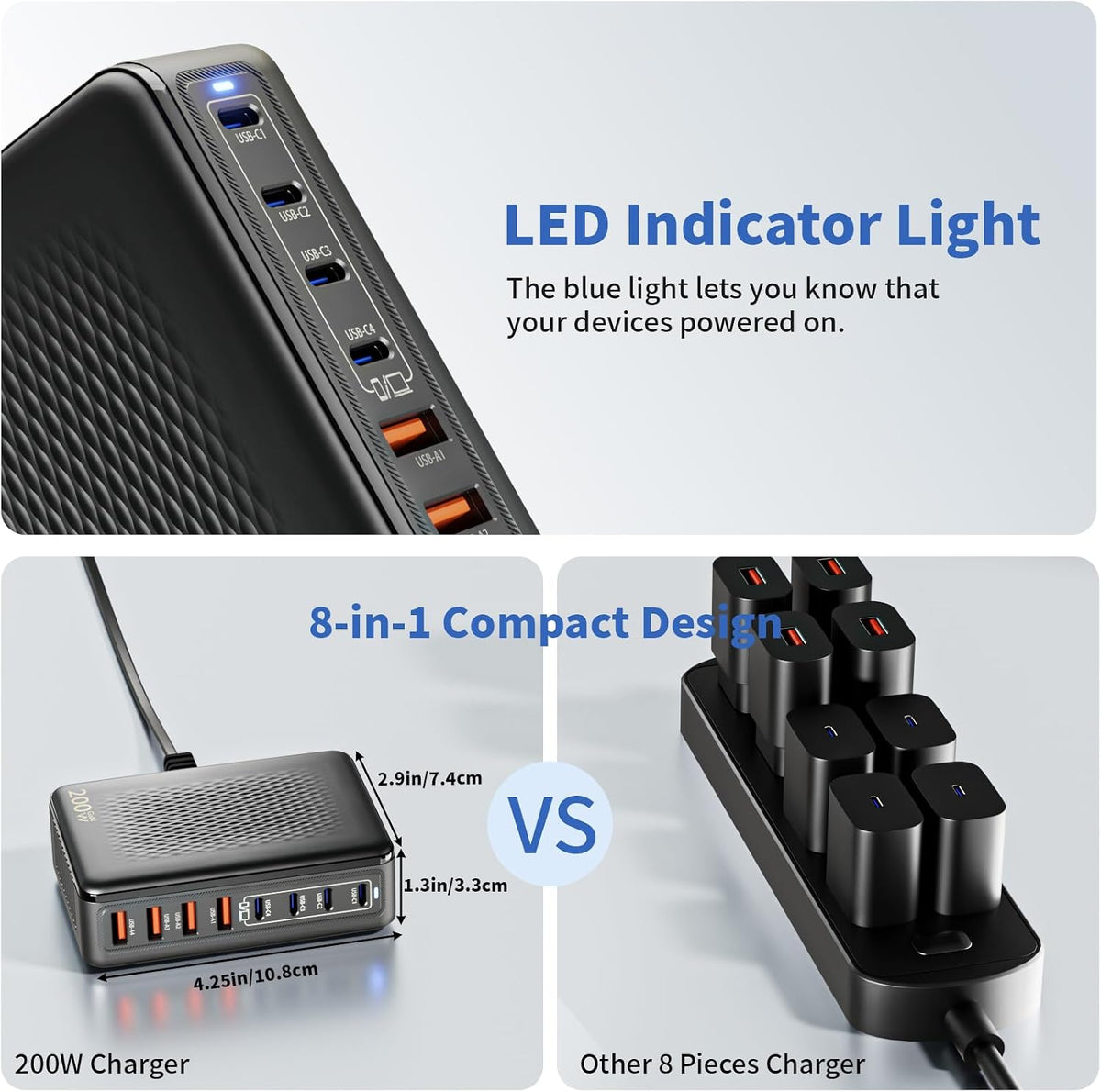 Bloque de cargador USB C, 200 W, GaN 8 puertos, estación de carga U...