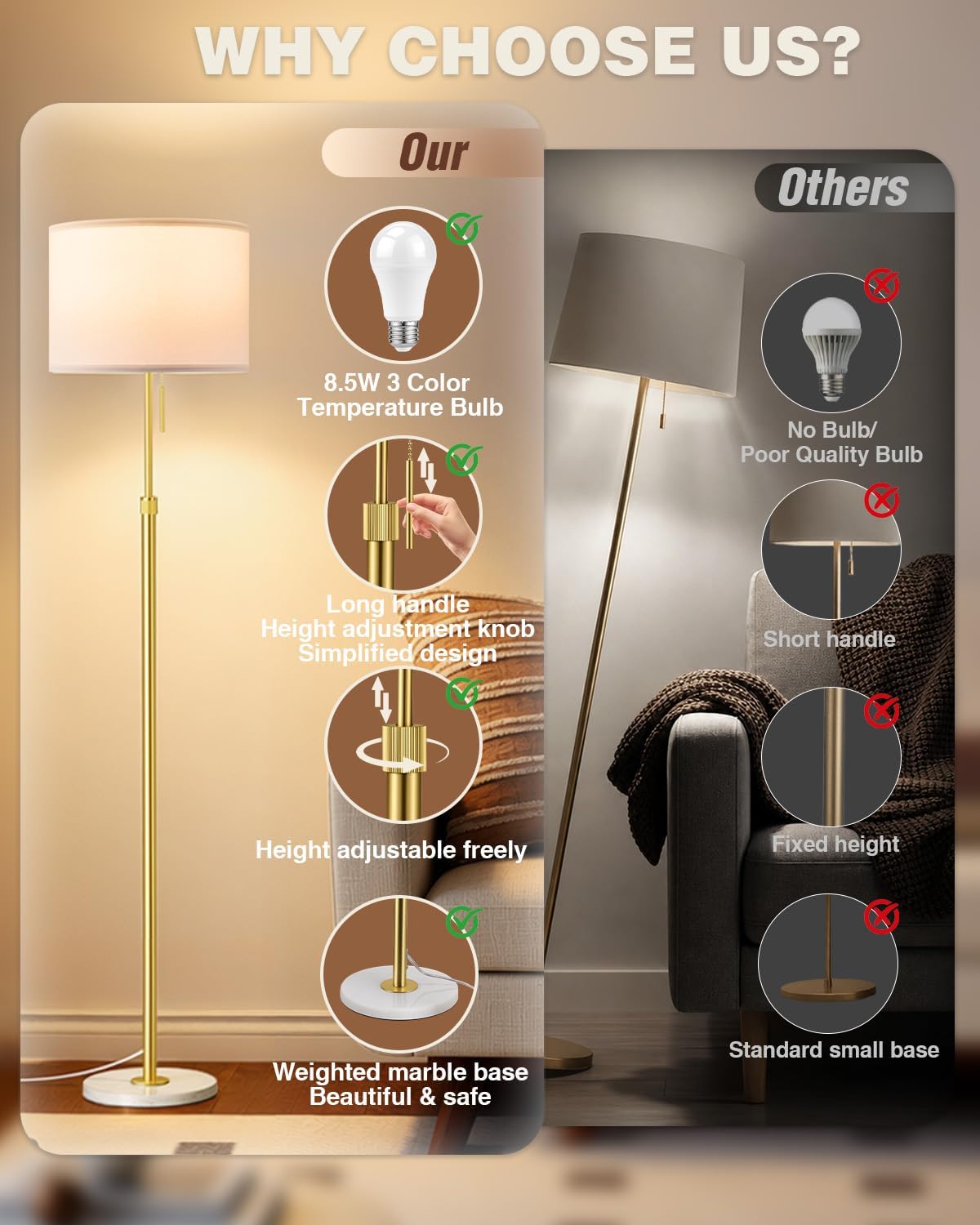 Ambimall Lámpara de pie moderna dorada ajustable en altura, oro y b...