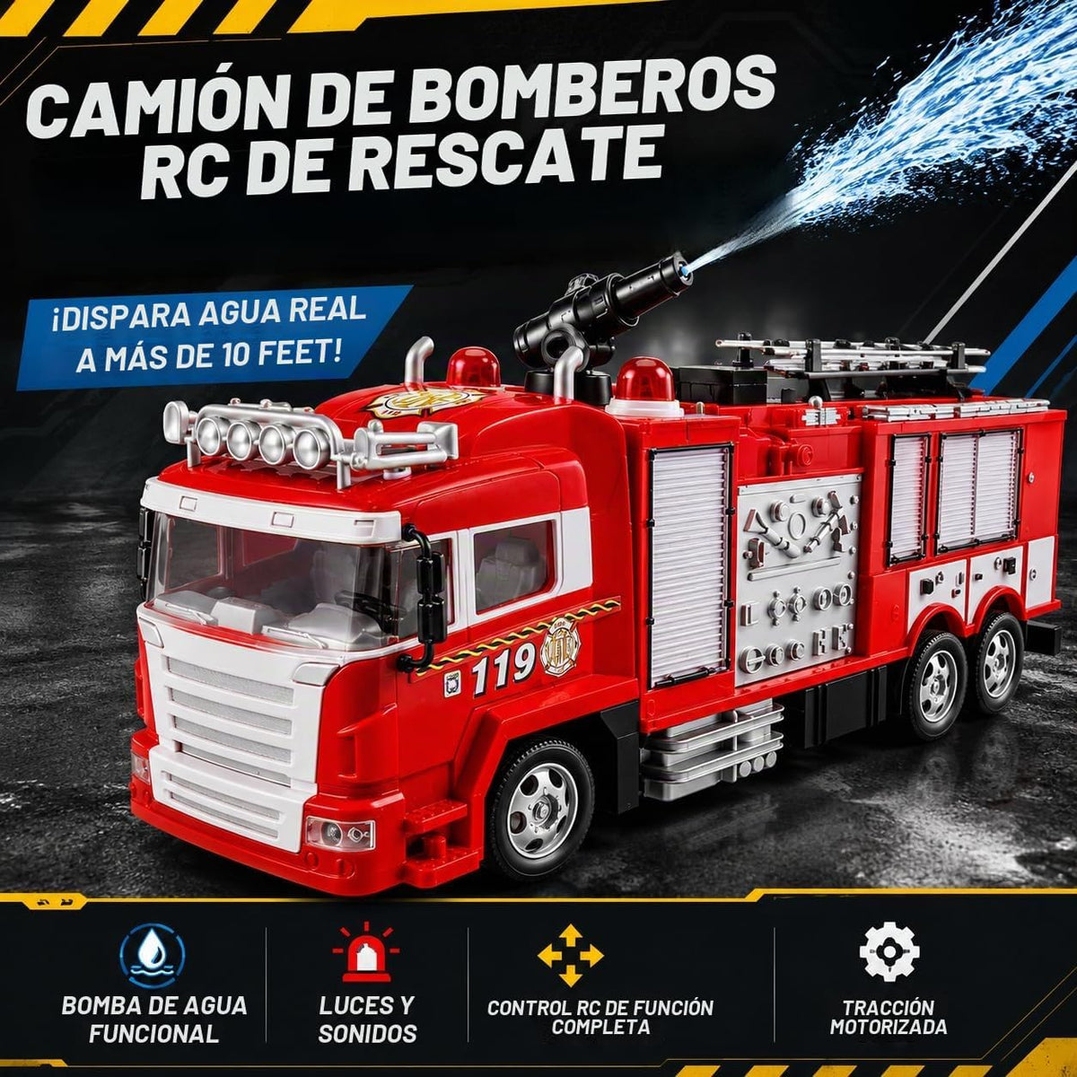 Camión de bomberos a control remoto de rescate RC que dispara agua...
